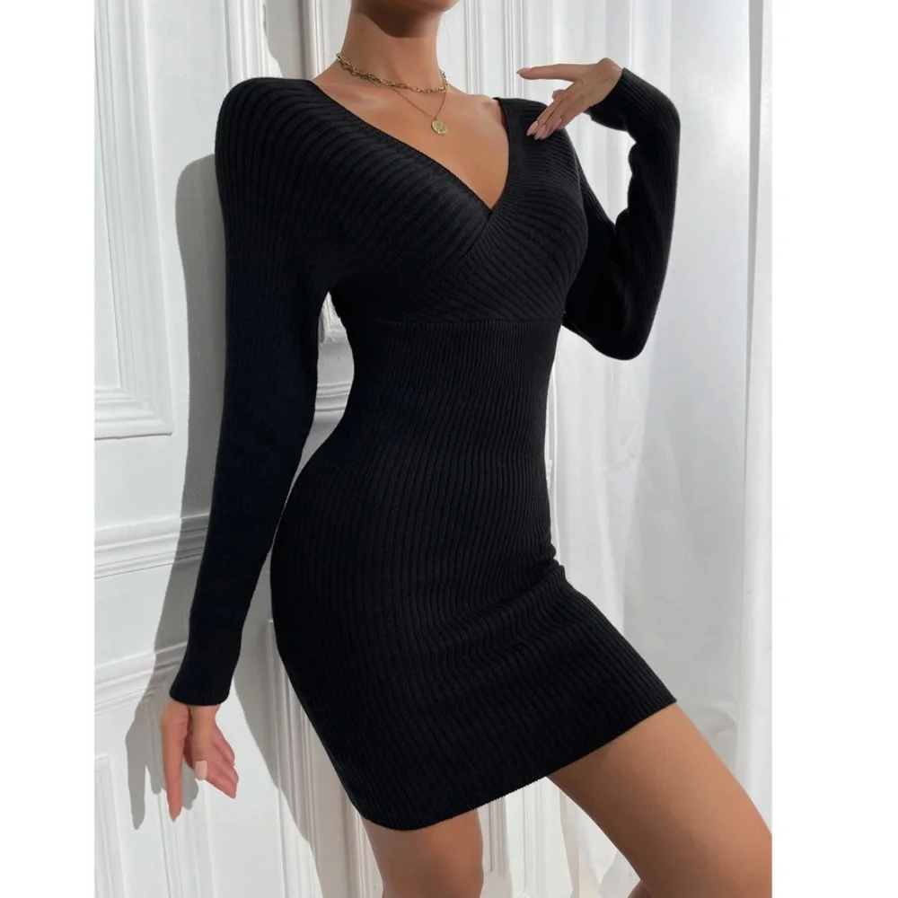 Black Off Shoulder V-Neck Rib Knit Sweater Mini Short Dress Long Sleeve - Picture 6 of 9
